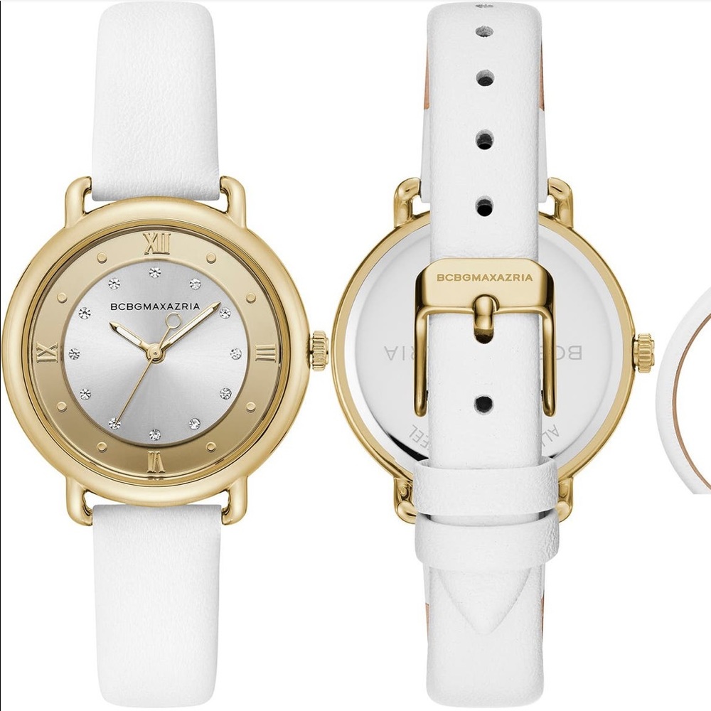 BCBGMAXAZRIA Women’s Silver Crystalized Dial Leather Watch NWT